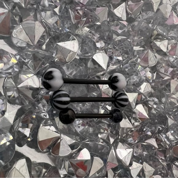 3 tongue rings black plastic screw on barbel plastic beads sparkly white racer - Picture 4 of 4